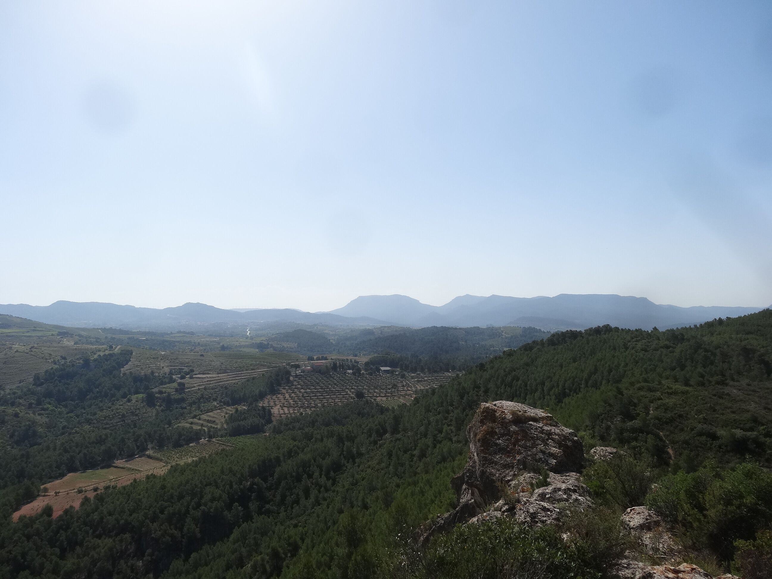 A mountainous landscape with dense forests, terraced fields, and distant mountains under a clear sky.