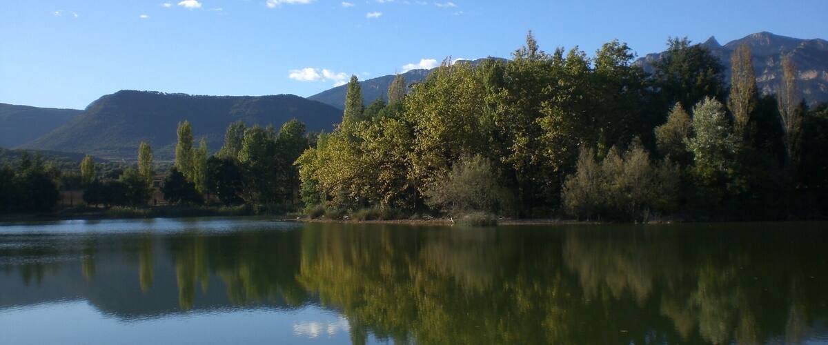 A calm lake reflecting trees and mountains.