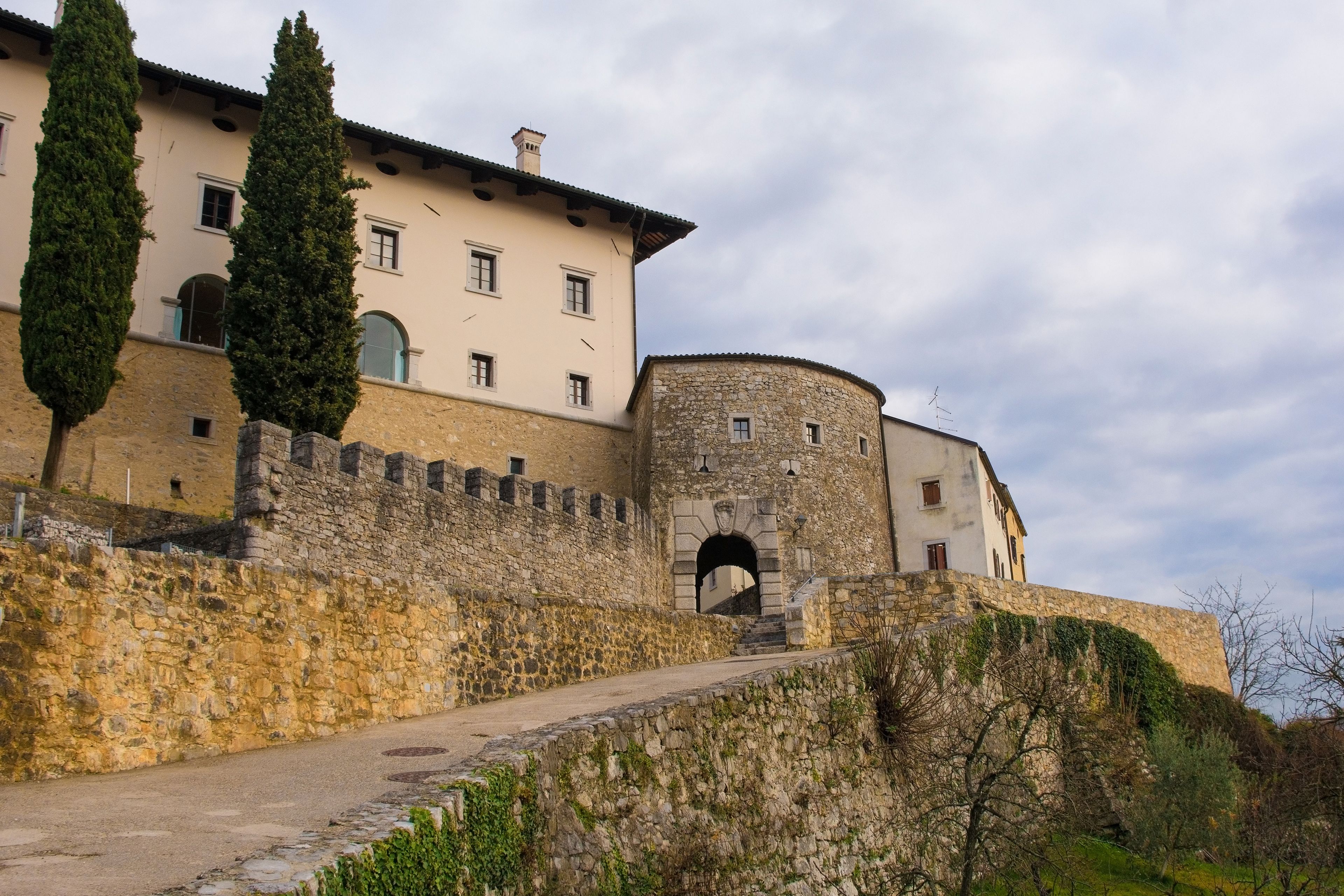 The walls of the old historic hill village of Stanjel in the Komen municipality of Primorska, south west Slovenia. The village was fortified in the 17th century then badly damaged during WW2.
