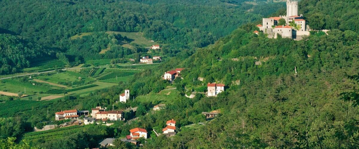 A mountainous landscape with a castle on a hill, surrounded by lush greenery and distant mountains.