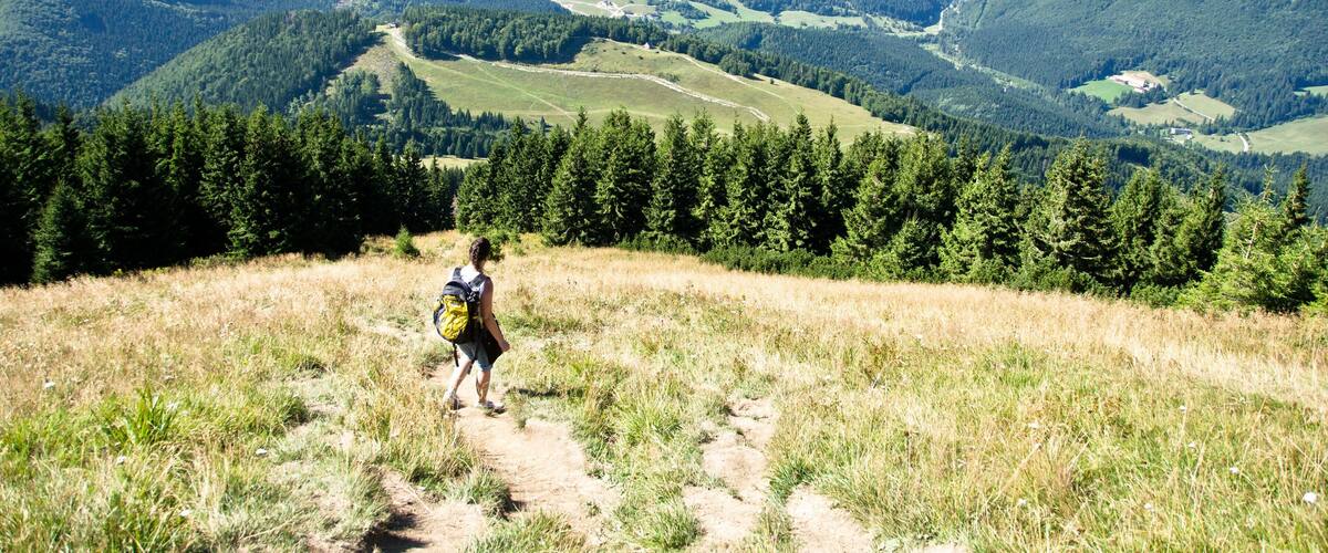 A hiker on a trail with a mountainous landscape in the background.