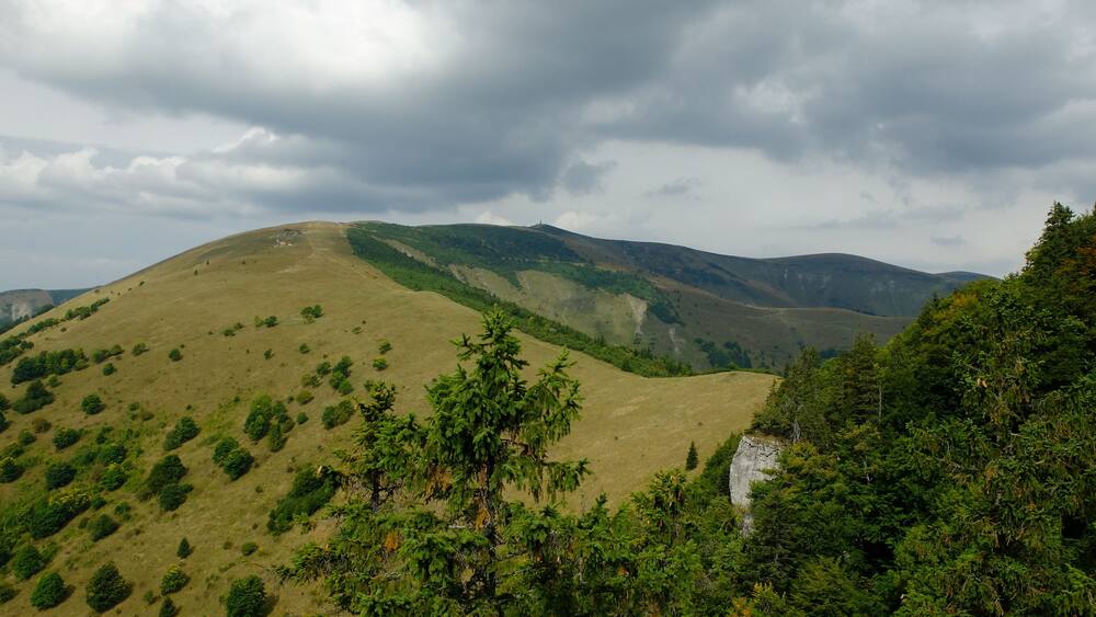 A mountainous landscape with rolling hills, dense forests, and a cloudy sky.