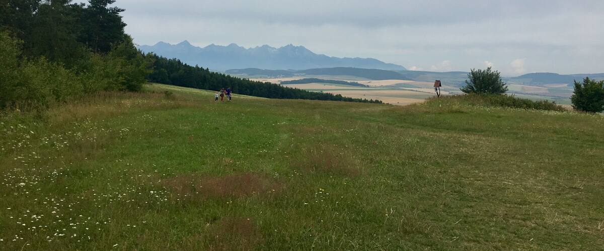 A grassy field with a few people walking, a wooden structure, and distant mountains under a cloudy sky.