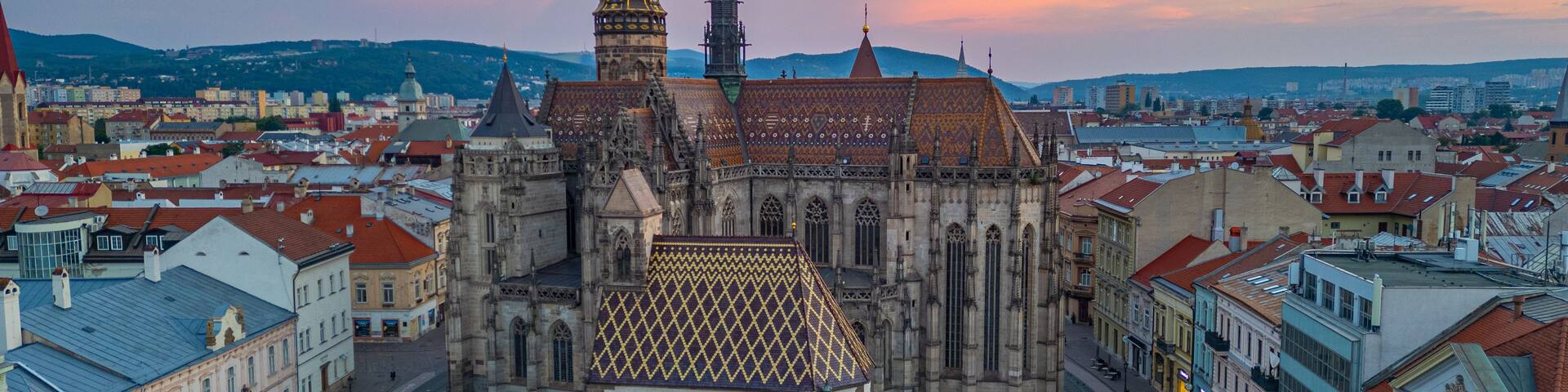 A historic cathedral with intricate architecture, surrounded by a cityscape with red-roofed buildings.