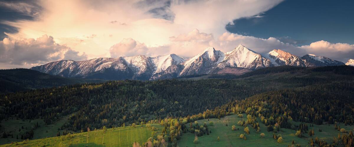 A mountainous landscape with snow-capped peaks, dense forests, and rolling green fields.