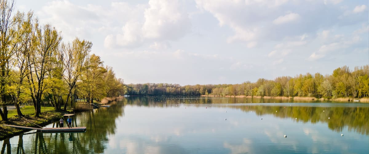 Un lago tranquilo con reflejos de árboles y un cielo despejado.
