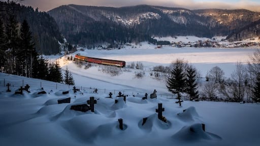 Magic winter at Dedinky. Fresh snow at cemetery, train passing by the sunset light, village and mountains in the background. This is one of my most favourite images I took,
To get similar composition just go to the cemetery near Dobsinska Masa, wait for the train and shoot :). Few time a year there are also nostalgic train rides so plan well and you can photograph this location with locomotives :)
#bvsblue