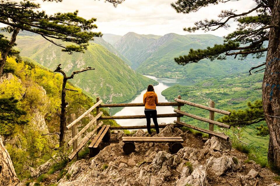 A person standing on a wooden platform overlooking a river valley with mountains in the background.