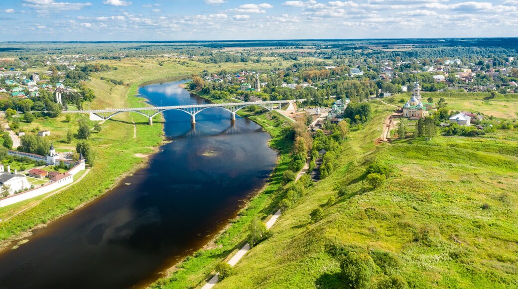 Aerial view of the Staritsa town and the road bridge over the Volga rivers