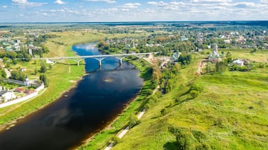 Aerial view of the Staritsa town and the road bridge over the Volga rivers