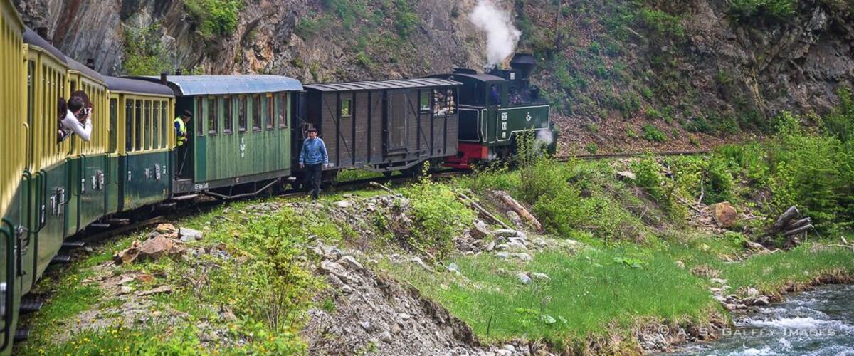 A green train with passengers, traveling through a forested area with a steep cliff in the background.