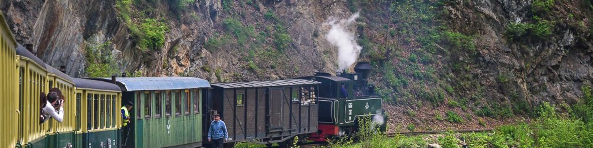 A green train with passengers, traveling through a forested area with a steep cliff in the background.