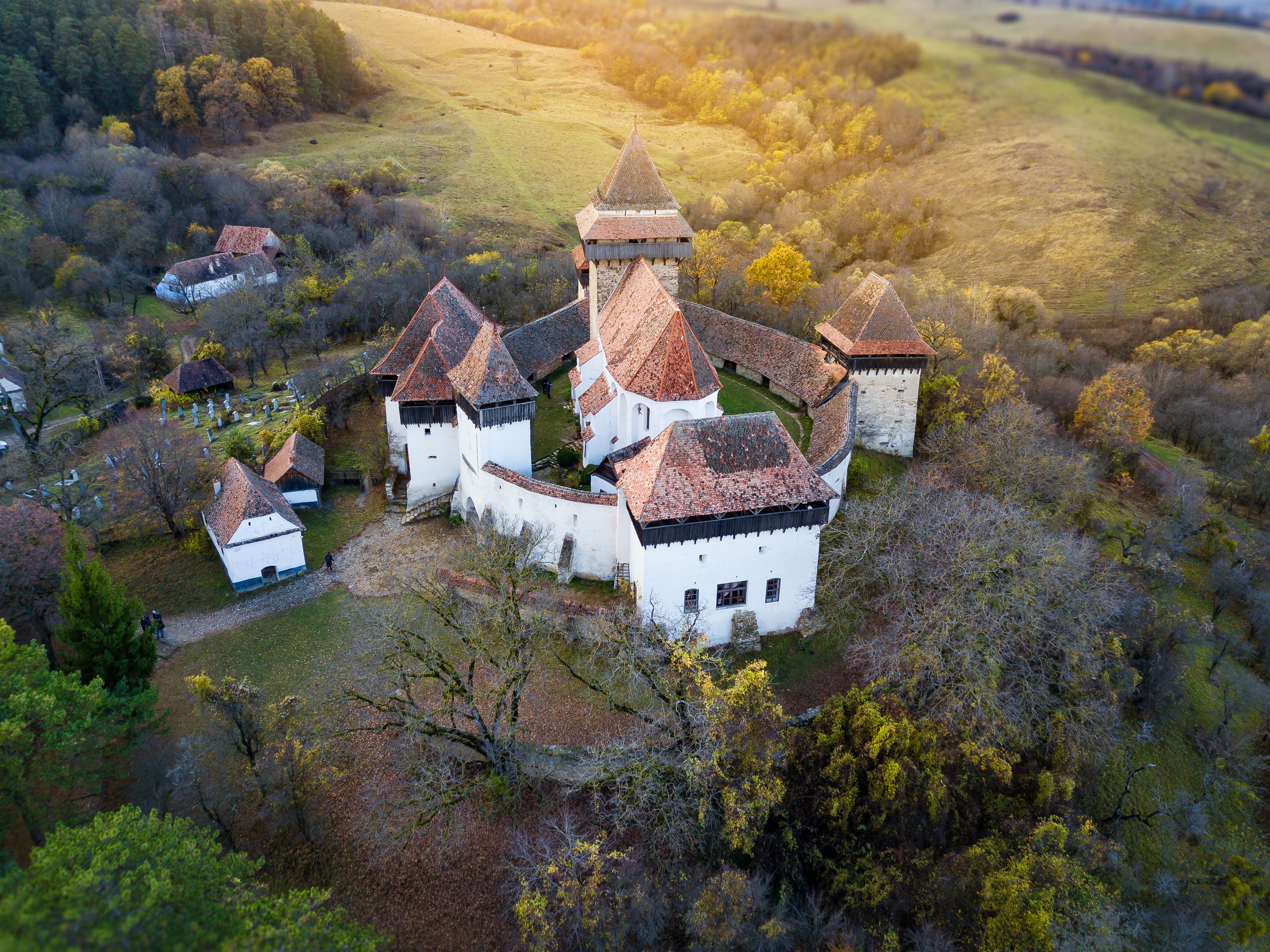 A medieval castle complex with multiple towers and white walls, surrounded by a forested landscape.