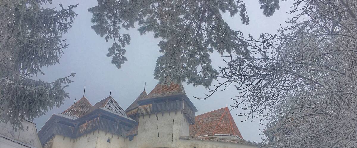 A historic castle with snow-covered roofs and a courtyard.