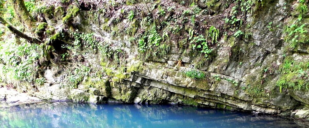 A clear, rocky stream surrounded by mossy cliffs.