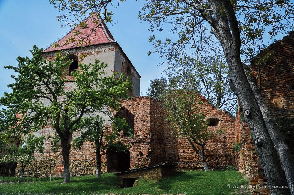 A historic brick building with a red roof, surrounded by trees and a grassy area.