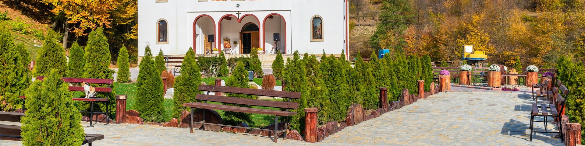 Codreanu monastery on the Oituz valley at autumn season, Moldavia, Romania