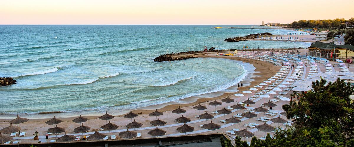 A beach with rows of umbrellas and lounge chairs along the shoreline.