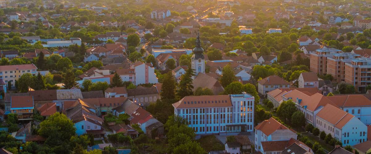 A town with a mix of residential and commercial buildings, surrounded by greenery.
