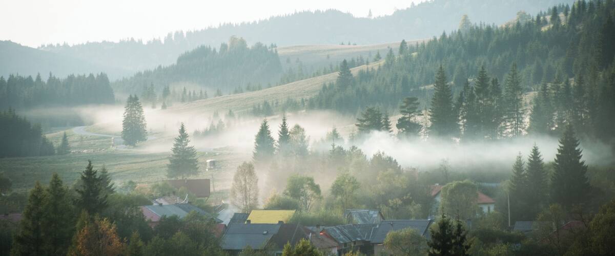 A misty valley with houses, dense forests, and rolling hills.