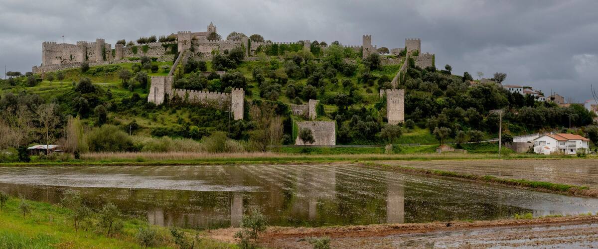A historic castle on a hill with a moat and surrounding fields.