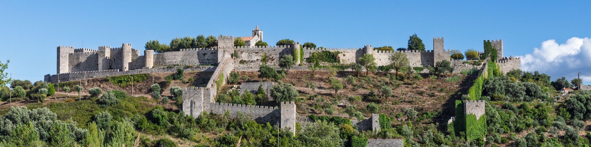 Um castelo medieval numa colina, rodeado por vegetação e campos.