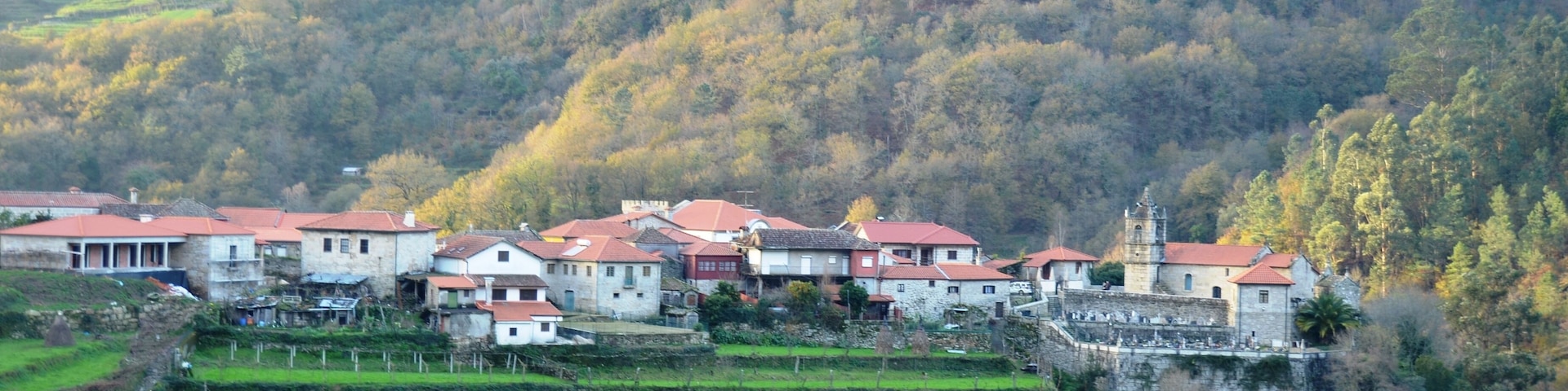 Uma aldeia com campos em socalcos e casas com telhados vermelhos, rodeada por colinas e árvores.