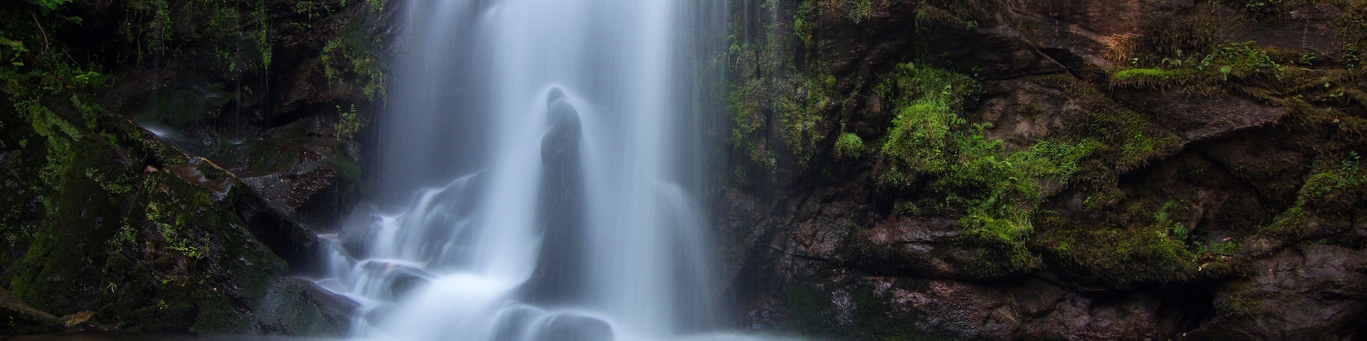 Ein Wasserfall stürzt über eine felsige Klippe, umgeben von üppigem Grün.