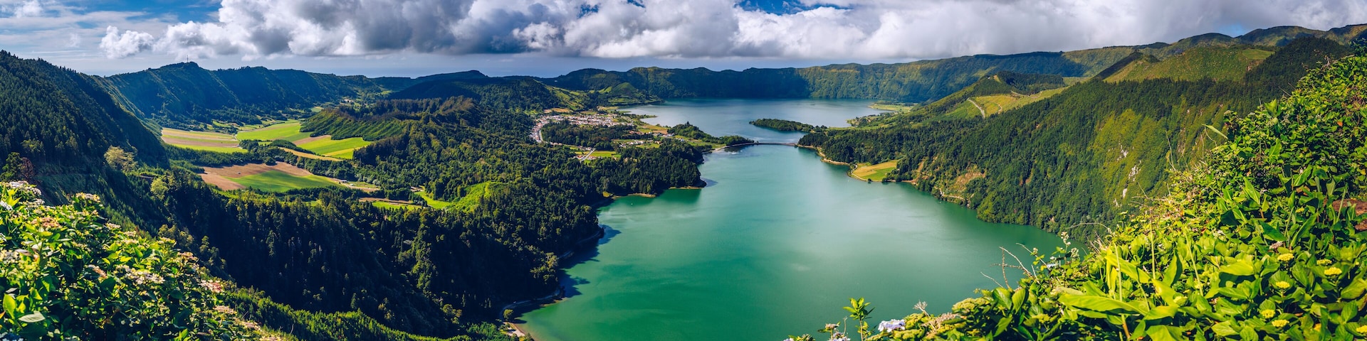 Beautiful view of Seven Cities Lake "Lagoa das Sete Cidades" from Vista do Rei viewpoint in São Miguel Island, Azores, Portugal. Lagoon of the Seven Cities, Sao Miguel island, Azores, Portugal.