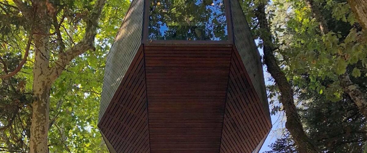 A hexagonal wooden structure with a glass top, surrounded by trees in a park.