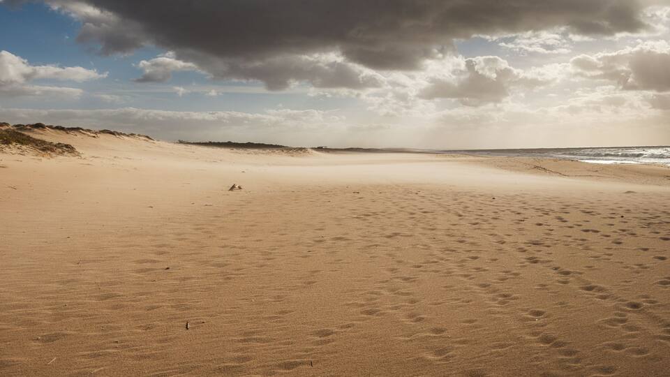 A sandy beach with footprints and a dune on the left.