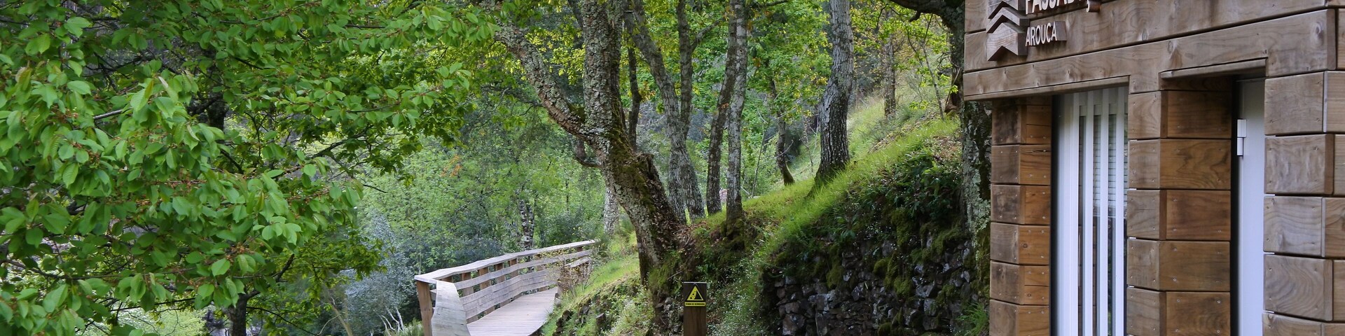 A wooden boardwalk leading through a forested area with a sign reading "PASSADICOS DO PAIVA."