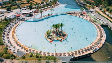 A large, circular swimming pool with a central island, surrounded by palm trees and beach umbrellas.