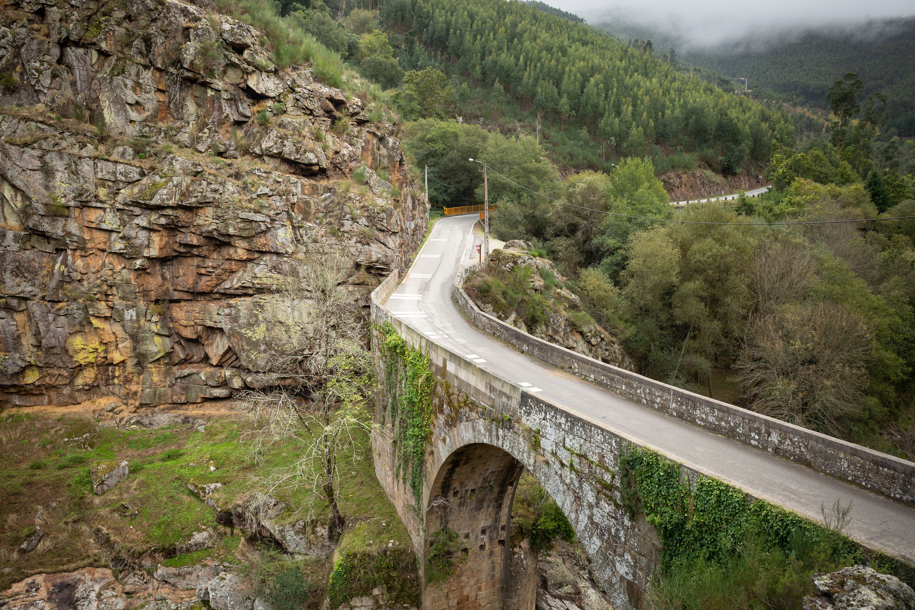 A winding road over a stone bridge in a mountainous area with dense forest.