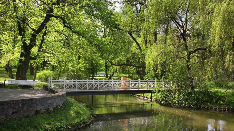 A stone bridge over a calm river, surrounded by lush greenery and trees.