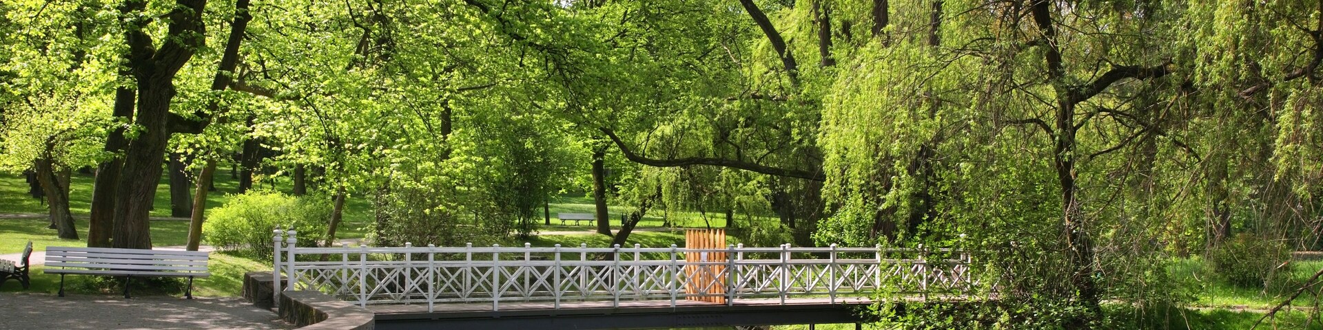 A stone bridge over a calm river, surrounded by lush greenery and trees.