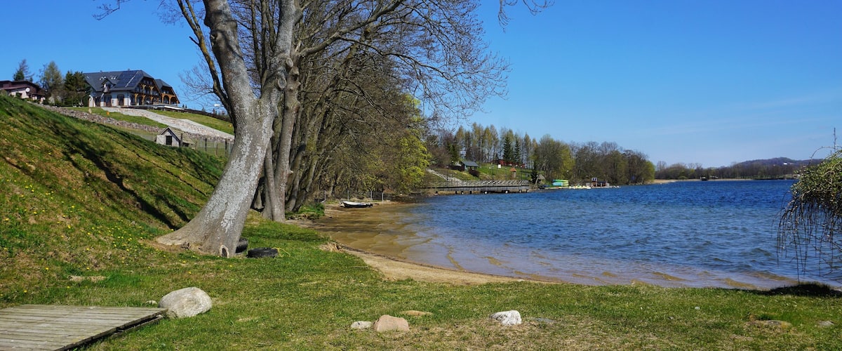 A lakeside scene with a large tree, grassy banks, a wooden dock, and a house with solar panels.