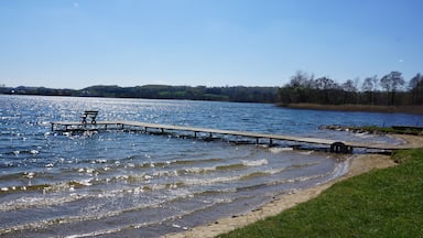 Un muelle de madera que se adentra en un lago, con un banco al final.