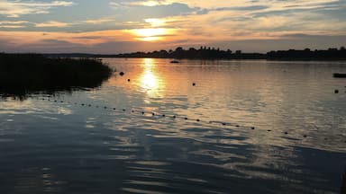 Um pôr do sol sobre um rio calmo, com uma linha de árvores ao fundo.