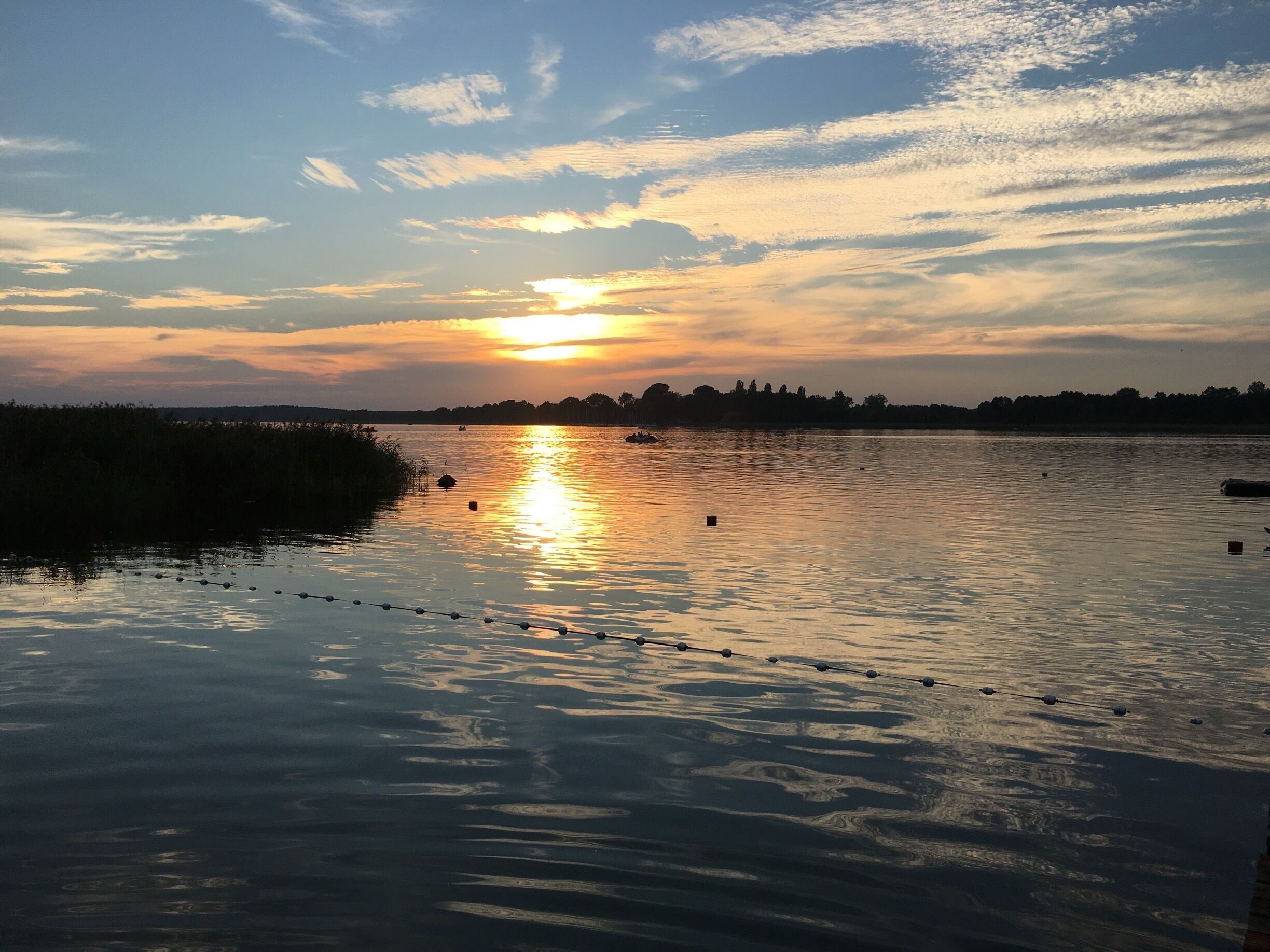 A sunset over a calm river with a line of trees in the background.