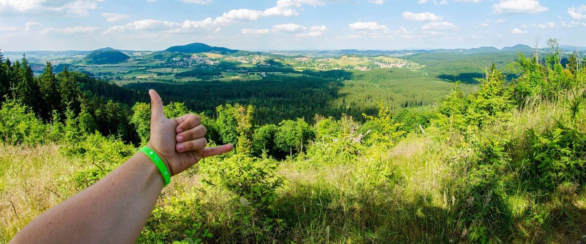 A hand pointing at a scenic landscape with mountains, forests, and a clear blue sky.