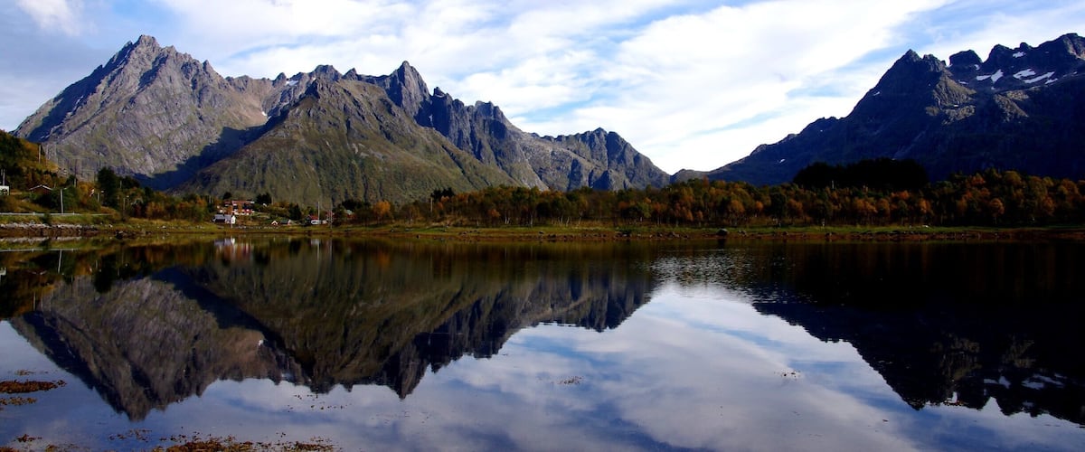 A mountain range reflected in a calm lake with a clear sky.