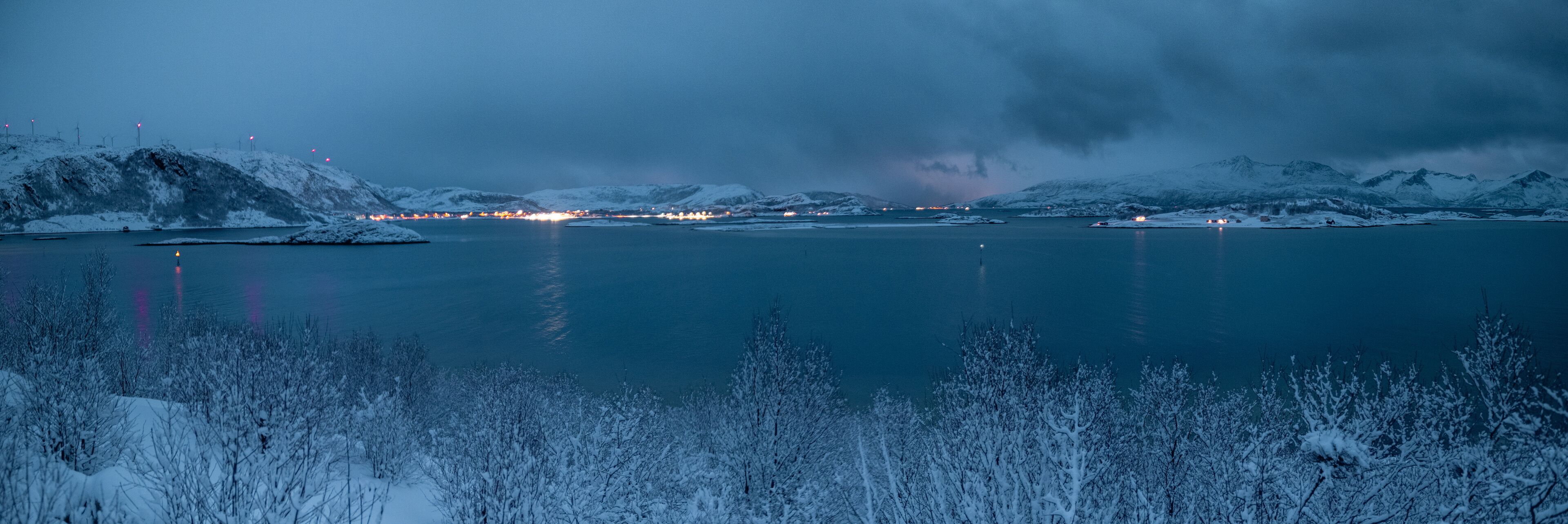 A snowy landscape with a calm lake, snow-covered trees, and distant mountains under a cloudy sky.