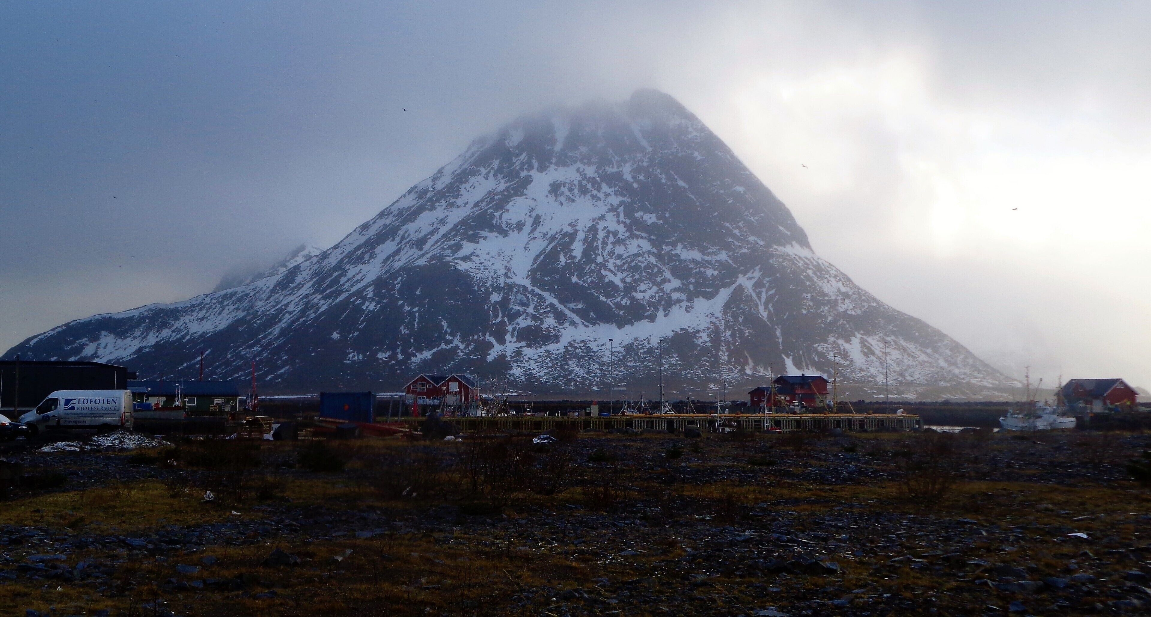 One of my favorite places in Lofoten, Northern Norway! This mountain is really imposing. And there are many great views when walking in this town. I was here in mid-March 2016.
