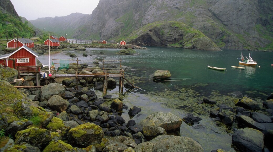 Boats in water near a village, Nusfjord, Lofoten Islands, Norway