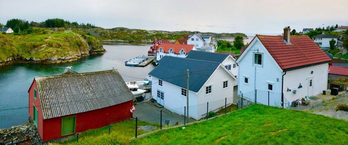 A coastal village with houses by the water, a dock with boats, and a red building.