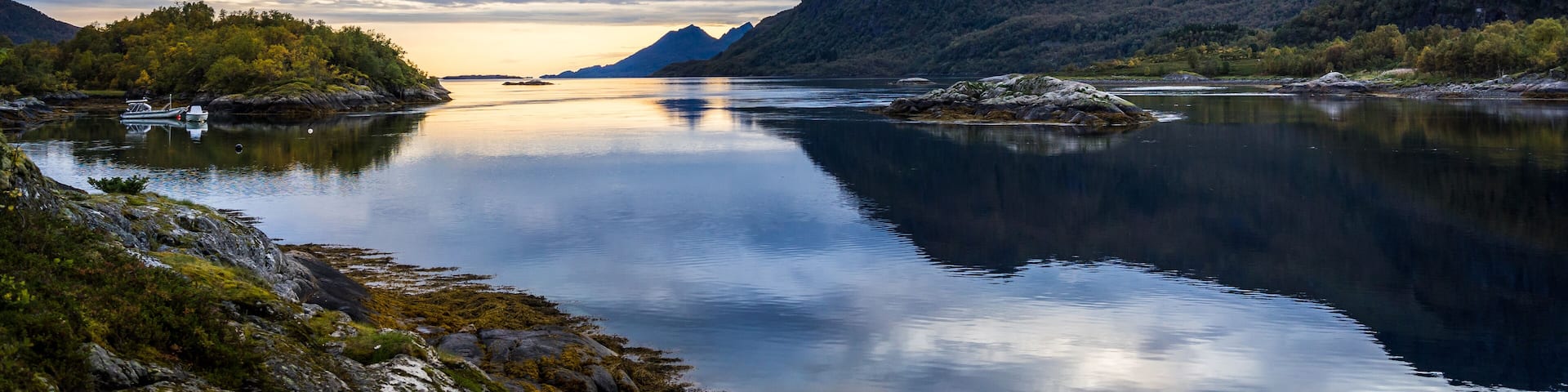 Landscape in norwegian fiord with sea and mountains, Lodingen, Norway