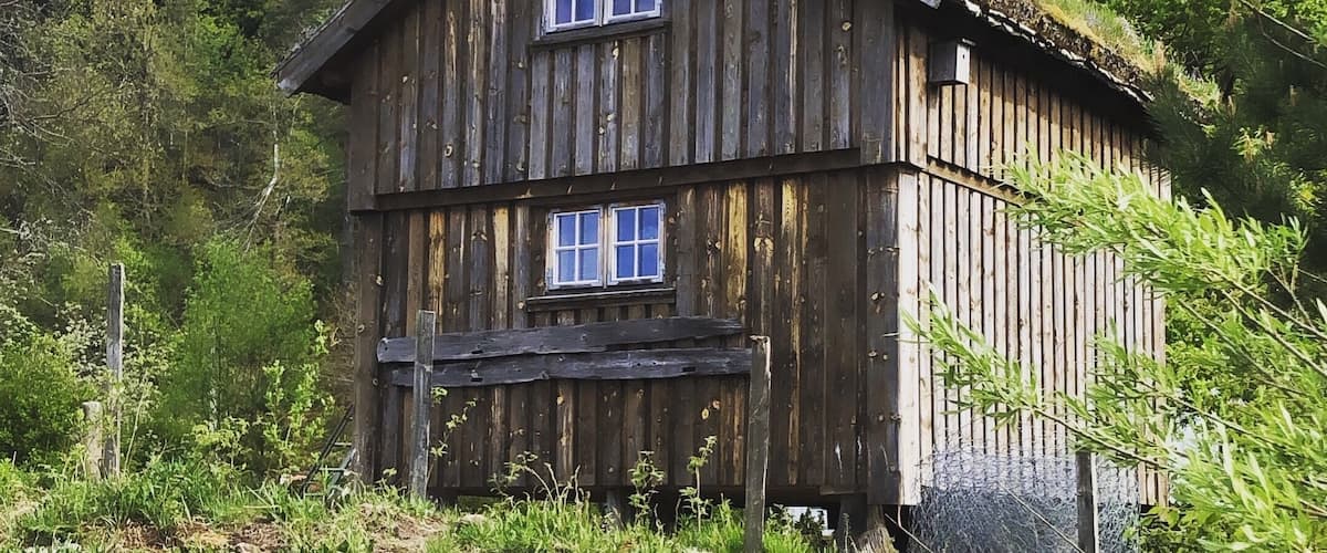 A rustic wooden cabin surrounded by dense forest and a rocky terrain.