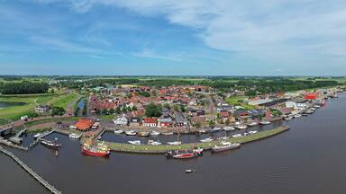 Aerial panorama from the traditional town Zoutkamp in the Netherlands