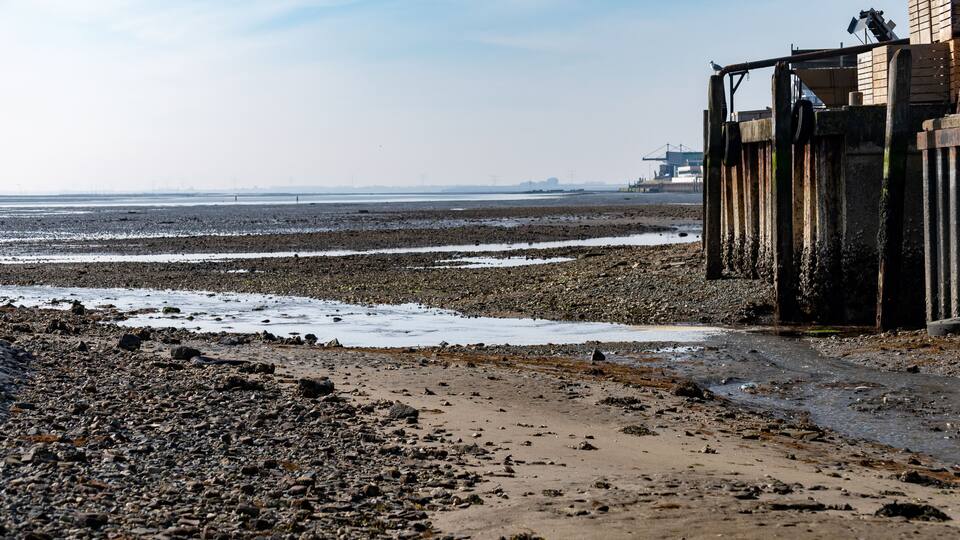 A coastal landscape with a rocky beach, a wooden structure, and distant industrial buildings.